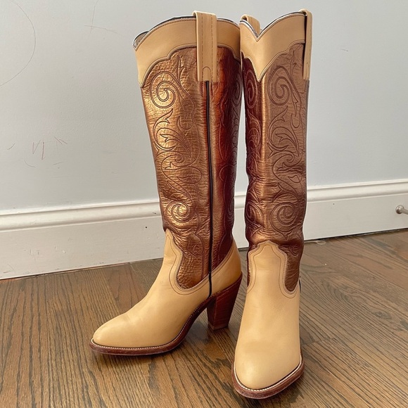 FRYE Metallic Gold Stitched Knee High Western Festival Cowboy Boots - Picture 15 of 15